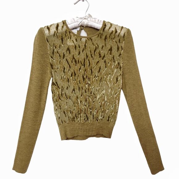 VALENTINO Mustard Green Sweater Long Sleeve Velvet Burnout Mesh Designer Top - Picture 1 of 12